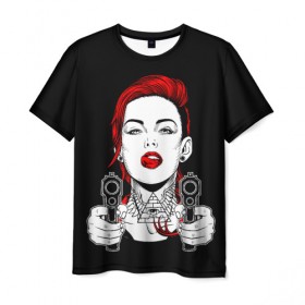 Мужская футболка 3D с принтом Woman is holding a gun , 100% полиэфир | прямой крой, круглый вырез горловины, длина до линии бедер | girl | guns | tattoo | woman | девушка | красотка | масоны | оружие | пистолеты | тату | треугольник