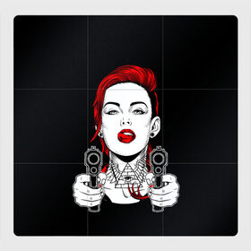 Магнитный плакат 3Х3 с принтом Woman is holding a gun , Полимерный материал с магнитным слоем | 9 деталей размером 9*9 см | Тематика изображения на принте: girl | guns | tattoo | woman | девушка | красотка | масоны | оружие | пистолеты | тату | треугольник