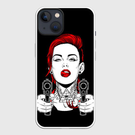 Чехол для iPhone 13 с принтом Woman is holding a gun ,  |  | girl | guns | tattoo | woman | девушка | красотка | масоны | оружие | пистолеты | тату | треугольник