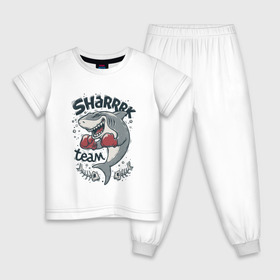 Детская пижама хлопок с принтом Shark Team , 100% хлопок |  брюки и футболка прямого кроя, без карманов, на брюках мягкая резинка на поясе и по низу штанин
 | shark | shark team | акула | бокс | перчатки | спорт