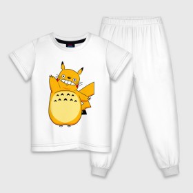 Детская пижама хлопок с принтом Pika Totoro , 100% хлопок |  брюки и футболка прямого кроя, без карманов, на брюках мягкая резинка на поясе и по низу штанин
 | forest | friend | ghibli | japan | keeper | miyazaki | nature | neigbor | neighbour | pikachu | pokemon | totoro | анимация | аниме | гибли | друг | животные | лес | любовь | милый | мир | миядзаки | мульт | мультфильм | пика | пикачу | покемон | приключе