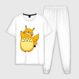 Мужская пижама хлопок с принтом Pika Totoro , 100% хлопок | брюки и футболка прямого кроя, без карманов, на брюках мягкая резинка на поясе и по низу штанин
 | forest | friend | ghibli | japan | keeper | miyazaki | nature | neigbor | neighbour | pikachu | pokemon | totoro | анимация | аниме | гибли | друг | животные | лес | любовь | милый | мир | миядзаки | мульт | мультфильм | пика | пикачу | покемон | приключе