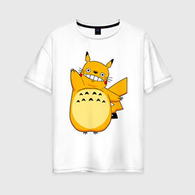 Женская футболка хлопок Oversize с принтом Pika Totoro , 100% хлопок | свободный крой, круглый ворот, спущенный рукав, длина до линии бедер
 | forest | friend | ghibli | japan | keeper | miyazaki | nature | neigbor | neighbour | pikachu | pokemon | totoro | анимация | аниме | гибли | друг | животные | лес | любовь | милый | мир | миядзаки | мульт | мультфильм | пика | пикачу | покемон | приключе