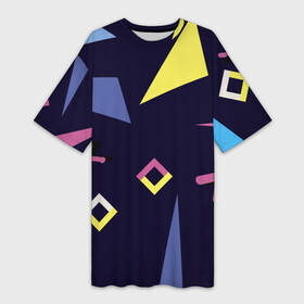 Платье-футболка 3D с принтом Танец геометрии ,  |  | волна | волны | геометрические фигуры | геометрия | желтый | зигзаг | зигзаги | квадрат | квадраты | розовый | синий | треугольник | треугольники | трёхугольник | трёхугольники | черный