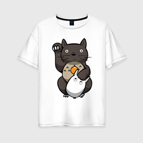 Женская футболка хлопок Oversize с принтом Totoro Maneki Neko , 100% хлопок | свободный крой, круглый ворот, спущенный рукав, длина до линии бедер
 | cat | forest | friend | ghibli | japan | keeper | miyazaki | nature | neigbor | neighbour | totoro | анимация | аниме | гибли | друг | животные | кот | котенок | котик | кошка | лес | любовь | милый | мир | миядзаки | мульт | мультфильм