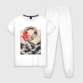 Женская пижама хлопок с принтом Дракон , 100% хлопок | брюки и футболка прямого кроя, без карманов, на брюках мягкая резинка на поясе и по низу штанин | Тематика изображения на принте: chine | dragon | japan | ocean | sea | water | дракон | иероглиф | китай | япония
