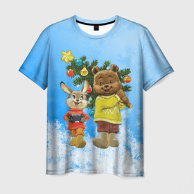 Мужская футболка 3D с принтом Медведь и заяц , 100% полиэфир | прямой крой, круглый вырез горловины, длина до линии бедер | 