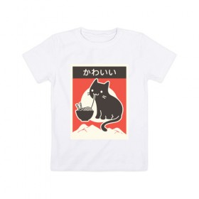 Детская футболка хлопок с принтом Котик и рамен , 100% хлопок | круглый вырез горловины, полуприлегающий силуэт, длина до линии бедер | food | kawai | kawaii | аниме | еда | кавай | китайская | корейская | кот | рамен | японская