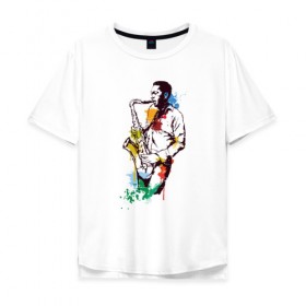 Мужская футболка хлопок Oversize с принтом Джаз , 100% хлопок | свободный крой, круглый ворот, “спинка” длиннее передней части | акварель | джаз | краски | музыка | музыкант | рисунок | саксофон | человек
