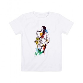 Детская футболка хлопок с принтом Джаз , 100% хлопок | круглый вырез горловины, полуприлегающий силуэт, длина до линии бедер | акварель | джаз | краски | музыка | музыкант | рисунок | саксофон | человек
