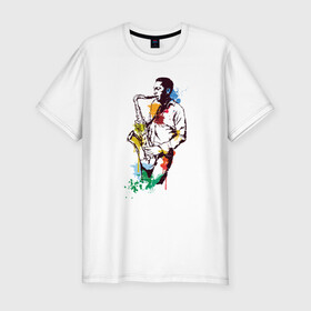 Мужская футболка премиум с принтом Джаз , 92% хлопок, 8% лайкра | приталенный силуэт, круглый вырез ворота, длина до линии бедра, короткий рукав | акварель | джаз | краски | музыка | музыкант | рисунок | саксофон | человек