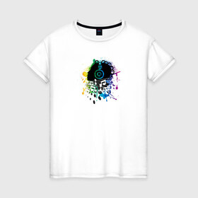 Женская футболка хлопок с принтом Музыка , 100% хлопок | прямой крой, круглый вырез горловины, длина до линии бедер, слегка спущенное плечо | краски | музыка | наушники | ноты | рисунок