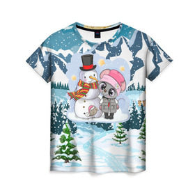 Женская футболка 3D с принтом Милая мышка со снеговиком , 100% полиэфир ( синтетическое хлопкоподобное полотно) | прямой крой, круглый вырез горловины, длина до линии бедер | 2020 | mouse | rat | годкрысы | годмыши | зима | зимняя | крыса | мороз | мышка | мышь | новогодняя | новый год | новый год 2020 | рождество | симолгода | снег | холод