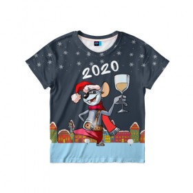 Детская футболка 3D с принтом Мышонок с шампанским , 100% гипоаллергенный полиэфир | прямой крой, круглый вырез горловины, длина до линии бедер, чуть спущенное плечо, ткань немного тянется | Тематика изображения на принте: 2020 | mouse | rat | годкрысы | годмыши | зима | зимняя | крыса | мороз | мышка | мышь | новогодняя | новый год | новый год 2020 | рождество | симолгода | снег | холод