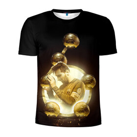 Мужская футболка 3D спортивная с принтом Месси шестикратный , 100% полиэстер с улучшенными характеристиками | приталенный силуэт, круглая горловина, широкие плечи, сужается к линии бедра | argentina | barcelona | football | golden ball | leo | lionel messi | аргентина | барселона | золотой мяч | лео | лионель месси | футбол