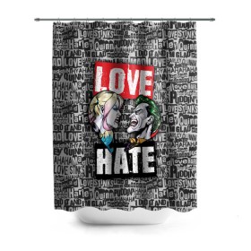 Штора 3D для ванной с принтом Love Hate , 100% полиэстер | плотность материала — 100 г/м2. Стандартный размер — 146 см х 180 см. По верхнему краю — пластиковые люверсы для креплений. В комплекте 10 пластиковых колец | harleen quinzel | harley | harley quin | harley quinn | joker | shtatharley | джокер | харли квин | харли квинн | харли куин | харли куинн | харлин квинзель