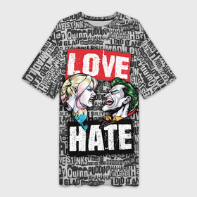 Платье-футболка 3D с принтом Love Hate ,  |  | harleen quinzel | harley | harley quin | harley quinn | joker | shtatharley | джокер | харли квин | харли квинн | харли куин | харли куинн | харлин квинзель