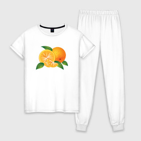 Женская пижама хлопок с принтом Апельсины , 100% хлопок | брюки и футболка прямого кроя, без карманов, на брюках мягкая резинка на поясе и по низу штанин | апельсины | еда | рисунок | фрукт