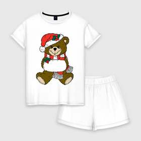 Женская пижама с шортиками хлопок с принтом Рождественский Мишка , 100% хлопок | футболка прямого кроя, шорты свободные с широкой мягкой резинкой | 