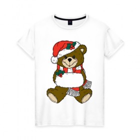 Женская футболка хлопок с принтом Рождественский Мишка , 100% хлопок | прямой крой, круглый вырез горловины, длина до линии бедер, слегка спущенное плечо | 