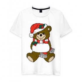 Мужская футболка хлопок с принтом Рождественский Мишка , 100% хлопок | прямой крой, круглый вырез горловины, длина до линии бедер, слегка спущенное плечо. | 