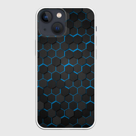 Чехол для iPhone 13 mini с принтом OCTAGON голубой ,  |  | neon octagon | octagon | голубые соты | голубые соты в неоне | неон | неоновые соты | шестиугольники