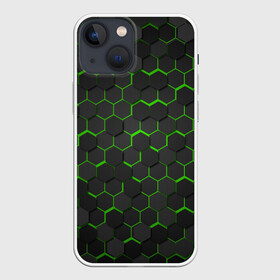 Чехол для iPhone 13 mini с принтом OCTAGON зеленый ,  |  | neon octagon | octagon | зеленые соты | зеленые соты в неоне | неон | неоновые соты | шестиугольники