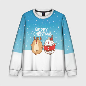 Детский свитшот 3D с принтом Molang. Merry Christmas , 100% полиэстер | свободная посадка, прямой крой, мягкая тканевая резинка на рукавах и понизу свитшота | chicken | christmas | deer | korea | molang | newyear | piupiu | rabbit | smow | snowflakes | winter | год | зима | корея | кролик | моланг | новый | олень | пиу | рождество | снег | снежинка