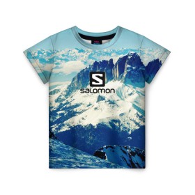 Детская футболка 3D с принтом SALOMON , 100% гипоаллергенный полиэфир | прямой крой, круглый вырез горловины, длина до линии бедер, чуть спущенное плечо, ткань немного тянется | salomon | горы | снег | спорт