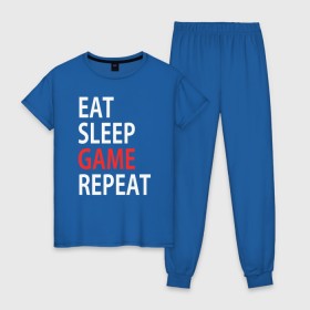 Женская пижама хлопок с принтом Eat sleep game repeat , 100% хлопок | брюки и футболка прямого кроя, без карманов, на брюках мягкая резинка на поясе и по низу штанин | Тематика изображения на принте: bf | cod | cs go | dota 2 | eat sleep game repert | esgr | gamer | games | lol | mem | memes | pc | ps3 | ps4 | wow | xbox | ешь спи играй повтори | игра | игрок | игры | мем | мемы