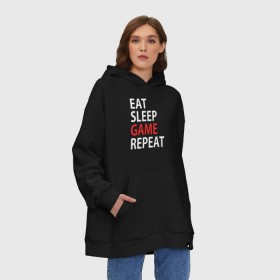 Худи SuperOversize хлопок с принтом Eat sleep game repeat , 70% хлопок, 30% полиэстер, мягкий начес внутри | карман-кенгуру, эластичная резинка на манжетах и по нижней кромке, двухслойный капюшон
 | bf | cod | cs go | dota 2 | eat sleep game repert | esgr | gamer | games | lol | mem | memes | pc | ps3 | ps4 | wow | xbox | ешь спи играй повтори | игра | игрок | игры | мем | мемы