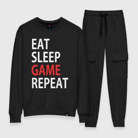 Женский костюм хлопок с принтом Eat sleep game repeat , 100% хлопок | на свитшоте круглая горловина, мягкая резинка по низу. Брюки заужены к низу, на них два вида карманов: два 