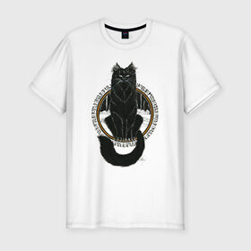 Мужская футболка хлопок Slim с принтом Йольский кот , 92% хлопок, 8% лайкра | приталенный силуэт, круглый вырез ворота, длина до линии бедра, короткий рукав | йоль | йольский кот | кот | мифы | праздник | руны | солнцестояние | черный кот