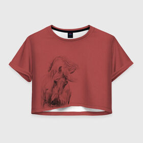 Женская футболка Crop-top 3D с принтом конь на красном фоне , 100% полиэстер | круглая горловина, длина футболки до линии талии, рукава с отворотами | животные | конный спорт | конь | лошадь | наездник | спорт