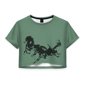 Женская футболка Crop-top 3D с принтом черные кони , 100% полиэстер | круглая горловина, длина футболки до линии талии, рукава с отворотами | животные | конный спорт | конь | лошадь | наездник | спорт