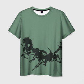 Мужская футболка 3D с принтом черные кони , 100% полиэфир | прямой крой, круглый вырез горловины, длина до линии бедер | Тематика изображения на принте: животные | конный спорт | конь | лошадь | наездник | спорт