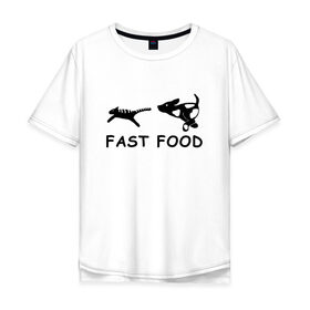 Мужская футболка хлопок Oversize с принтом Fast food (черный) , 100% хлопок | свободный крой, круглый ворот, “спинка” длиннее передней части | fast food | бег | быстрая еда | быстро | догнать | домашние животные | животные | забавные животные | кот | кот и пес | кошка | ловить | любителю собак | пес | преследовать | прикол | смешное