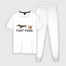 Мужская пижама хлопок с принтом Fast food (цвет) , 100% хлопок | брюки и футболка прямого кроя, без карманов, на брюках мягкая резинка на поясе и по низу штанин
 | Тематика изображения на принте: fast food | бег | быстрая еда | быстро | догнать | домашние животные | животные | забавные животные | кот | кот и пес | кошка | кошка бежит | кошка и собака | ловить | любителю кошек | пес | преследовать
