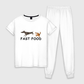 Женская пижама хлопок с принтом Fast food (цвет) , 100% хлопок | брюки и футболка прямого кроя, без карманов, на брюках мягкая резинка на поясе и по низу штанин | fast food | бег | быстрая еда | быстро | догнать | домашние животные | животные | забавные животные | кот | кот и пес | кошка | кошка бежит | кошка и собака | ловить | любителю кошек | пес | преследовать