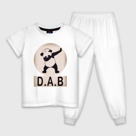 Детская пижама хлопок с принтом DAB Panda , 100% хлопок |  брюки и футболка прямого кроя, без карманов, на брюках мягкая резинка на поясе и по низу штанин
 | Тематика изображения на принте: best | dab | dabbig | dance | freedom | hip hop | music | panda | rap | даб | даббинг | животные | крутой | лучший | медведь | музыка | панда | рэп | рэпер | свобода | танец | хип хоп