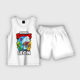 Детская пижама с шортами хлопок с принтом BRAWL STARS LEON ,  |  | brawl stars | brawl stars leon | brawler | leon | sally | shark | werewolf | акула | бравл старз | бравлер | леон | оборотень | салли