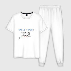 Мужская пижама хлопок с принтом Code - sleep , 100% хлопок | брюки и футболка прямого кроя, без карманов, на брюках мягкая резинка на поясе и по низу штанин
 | Тематика изображения на принте: c | c++ | code | coder | computer | hacker | java | programm | tag | жизнь | код | кодер | программа | программист | сон | хакер | хочу спать