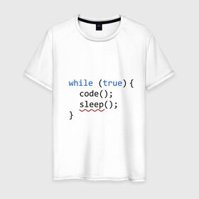 Мужская футболка хлопок с принтом Code - sleep , 100% хлопок | прямой крой, круглый вырез горловины, длина до линии бедер, слегка спущенное плечо. | Тематика изображения на принте: c | c++ | code | coder | computer | hacker | java | programm | tag | жизнь | код | кодер | программа | программист | сон | хакер | хочу спать