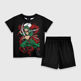 Детский костюм с шортами 3D с принтом Зеленый воин One Piece ,  |  | Тематика изображения на принте: anime | kaido | luffy | manga | one piece | theory | zoro | большой куш | ван | луффи | манга | манки д | мульт | пираты | пис | рыжий | сёнэн | сериал | шанкс