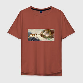Мужская футболка хлопок Oversize с принтом Сотворение Адама и кот , 100% хлопок | свободный крой, круглый ворот, “спинка” длиннее передней части | mem | memes | весело | искусство | кот | котик | мем | прикол | сотворение адама