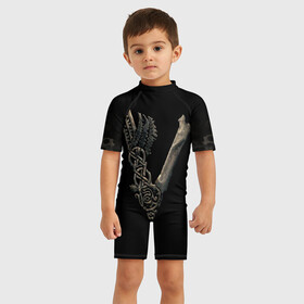 Детский купальный костюм 3D с принтом Vikings (bones logo) , Полиэстер 85%, Спандекс 15% | застежка на молнии на спине | bones | good | skull | viking | vikings | бог | викинг | викинги | кости | скандинавы | череп | язычник