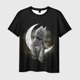 Мужская футболка 3D с принтом Кот на луне , 100% полиэфир | прямой крой, круглый вырез горловины, длина до линии бедер | cat | kitten | звёзды | космос | кот | котейка | котёнок | кошка | луна