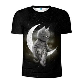 Мужская футболка 3D спортивная с принтом Кот на луне , 100% полиэстер с улучшенными характеристиками | приталенный силуэт, круглая горловина, широкие плечи, сужается к линии бедра | cat | kitten | звёзды | космос | кот | котейка | котёнок | кошка | луна