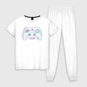 Женская пижама хлопок с принтом &lt,Glitched&gt, reality , 100% хлопок | брюки и футболка прямого кроя, без карманов, на брюках мягкая резинка на поясе и по низу штанин | game | gamepad | glitch | joystick | глитч | джойстик | игры | сбой