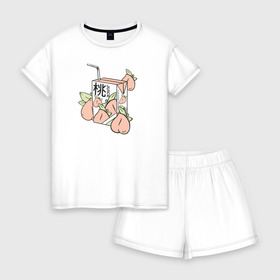 Женская пижама с шортиками хлопок с принтом Персиковый Сок , 100% хлопок | футболка прямого кроя, шорты свободные с широкой мягкой резинкой | japan | japanese | juice | peach | urban | urban style | персик | сок | стиль | урбан | япония | японский стиль